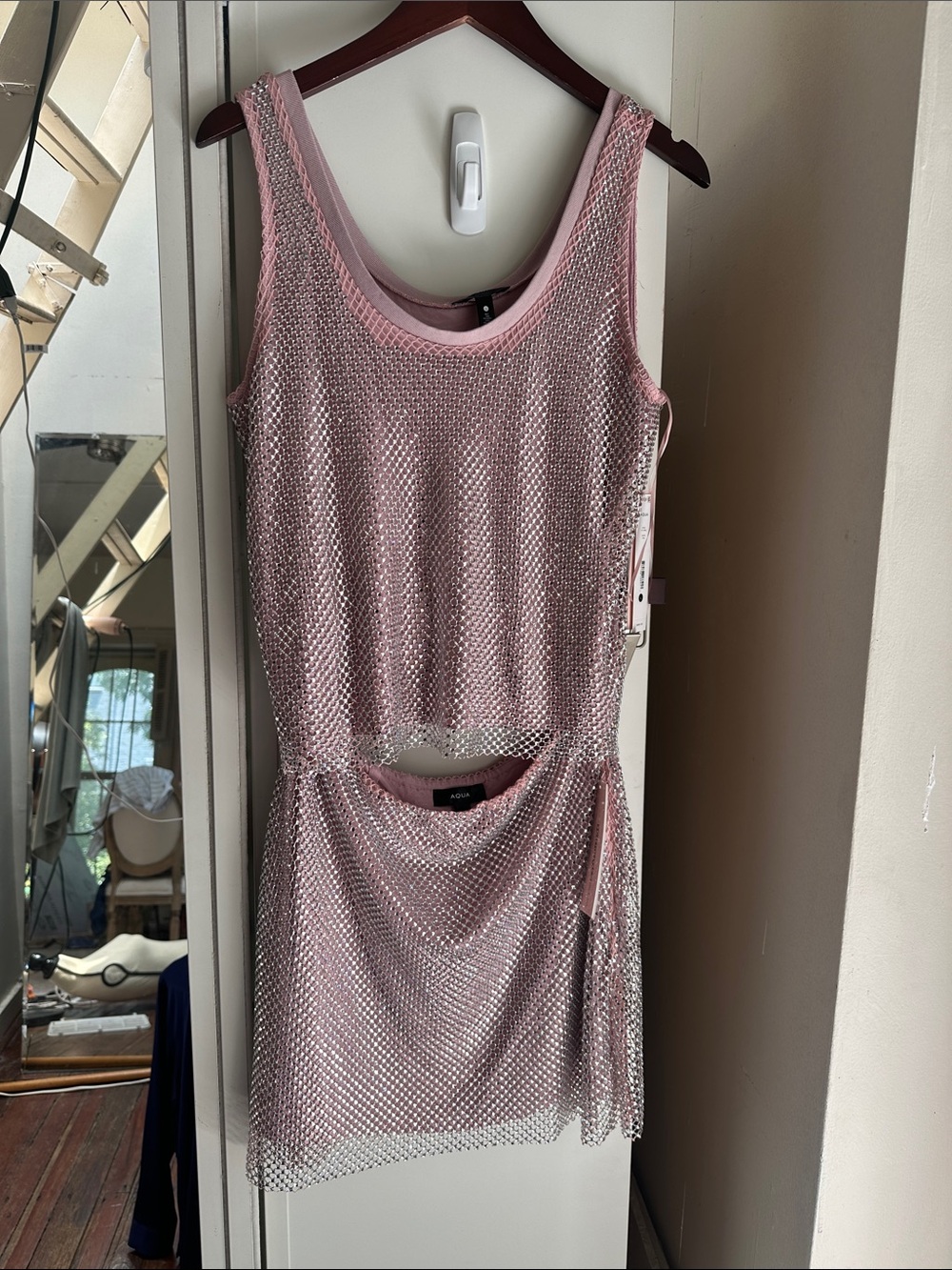 Aqua Pink Metallic Mesh Mini Dress Set crystal mesh pink silver Medium